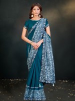 Teal Blue Crepe Satin Silk Ready To Wear Saree